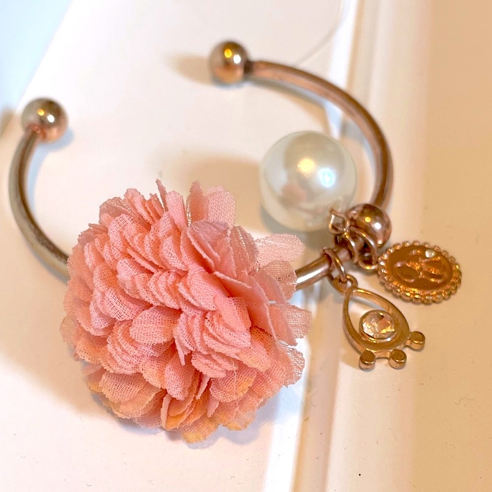Cuff Bracelet Fabric Flowe, Faux Pearl & Gold Crystal Charm Crystal